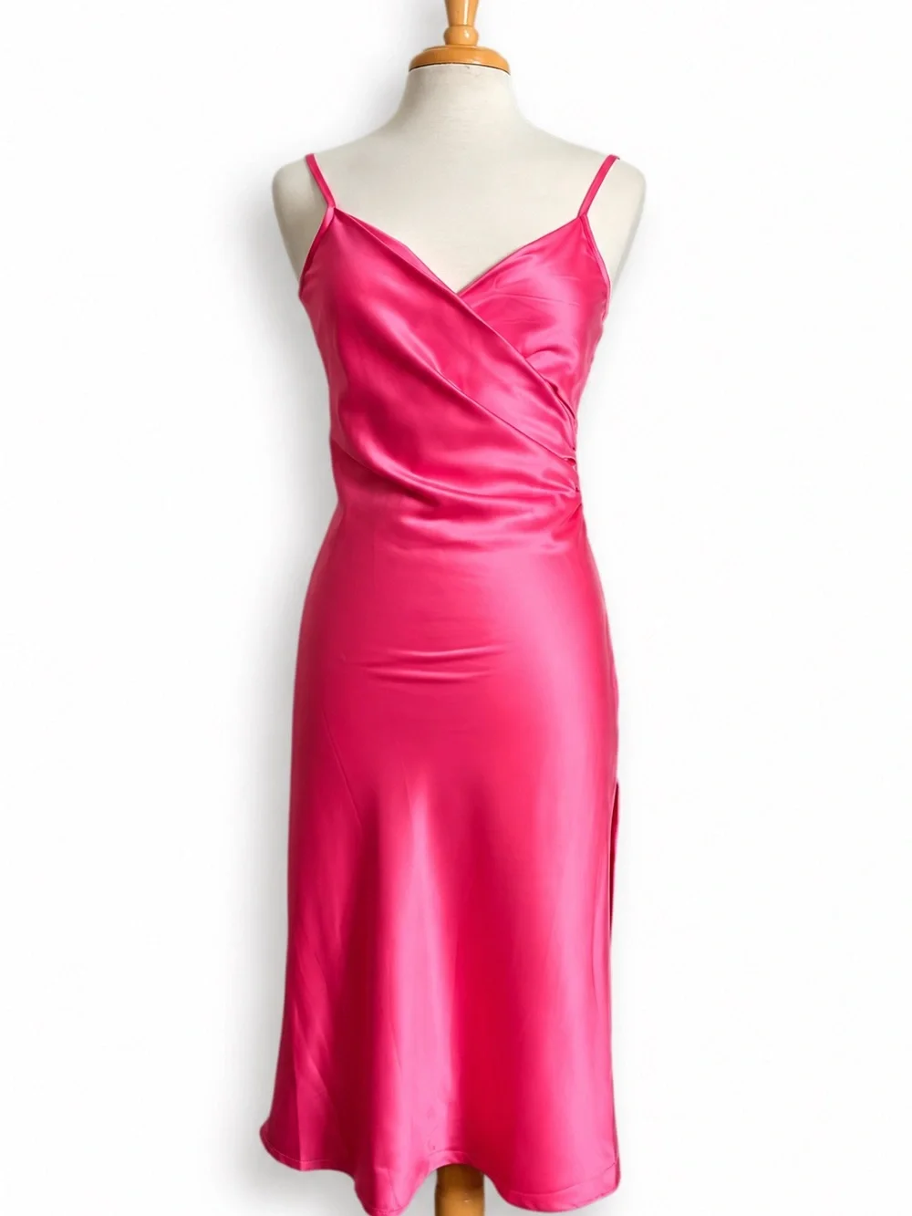 Glam Hot Pink Satin Slip Midi Dress Ruched Barbiecore Cocktail Party Womens S - Picture 3 of 11